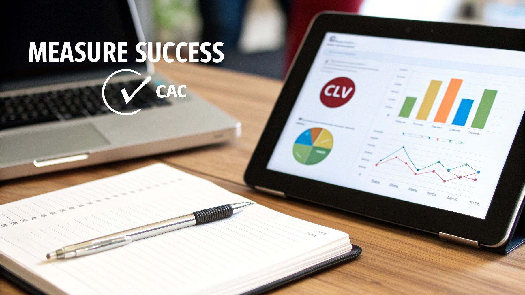 A desk with a laptop, tablet displaying marketing data, notebook, and pen for success measurement.