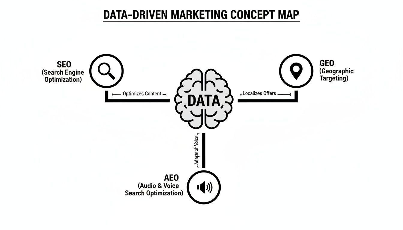 A data-driven marketing concept map showing how data influences SEO, GEO, and AEO strategies.