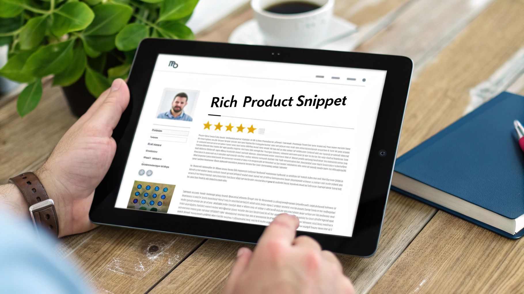 A person holds a tablet displaying a rich product snippet with a star rating, illustrating e-commerce SEO.