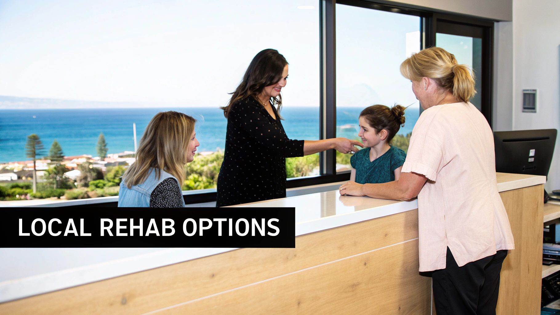 Patients and staff at a modern rehab center reception desk with a scenic ocean view.