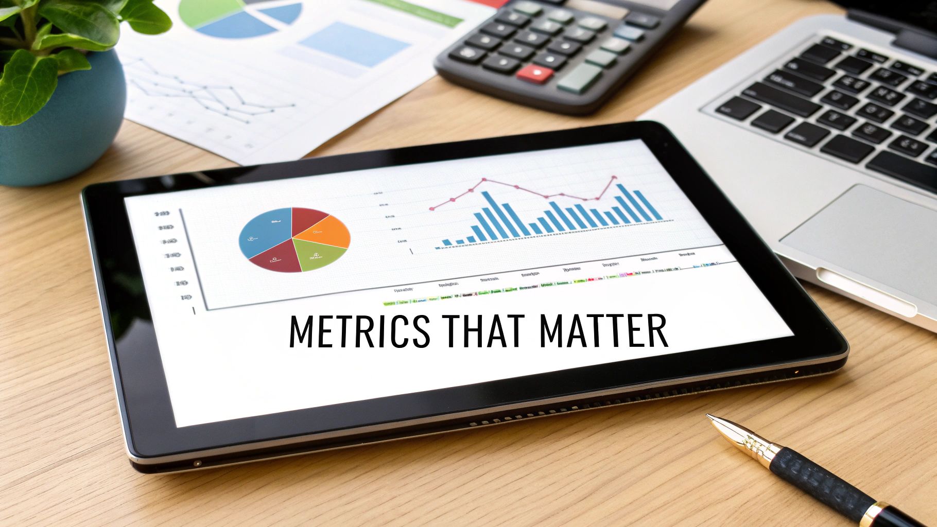 A tablet displaying 'Metrics That Matter' and data charts on a desk with a laptop and calculator.