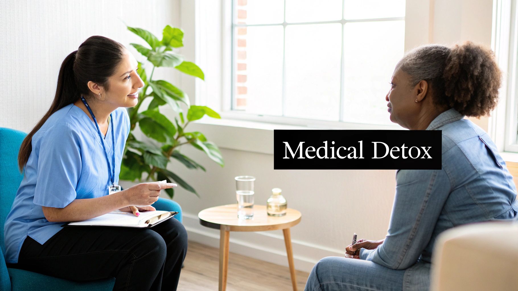 A medical professional in scrubs consults with an older woman in a bright room, discussing medical detox.