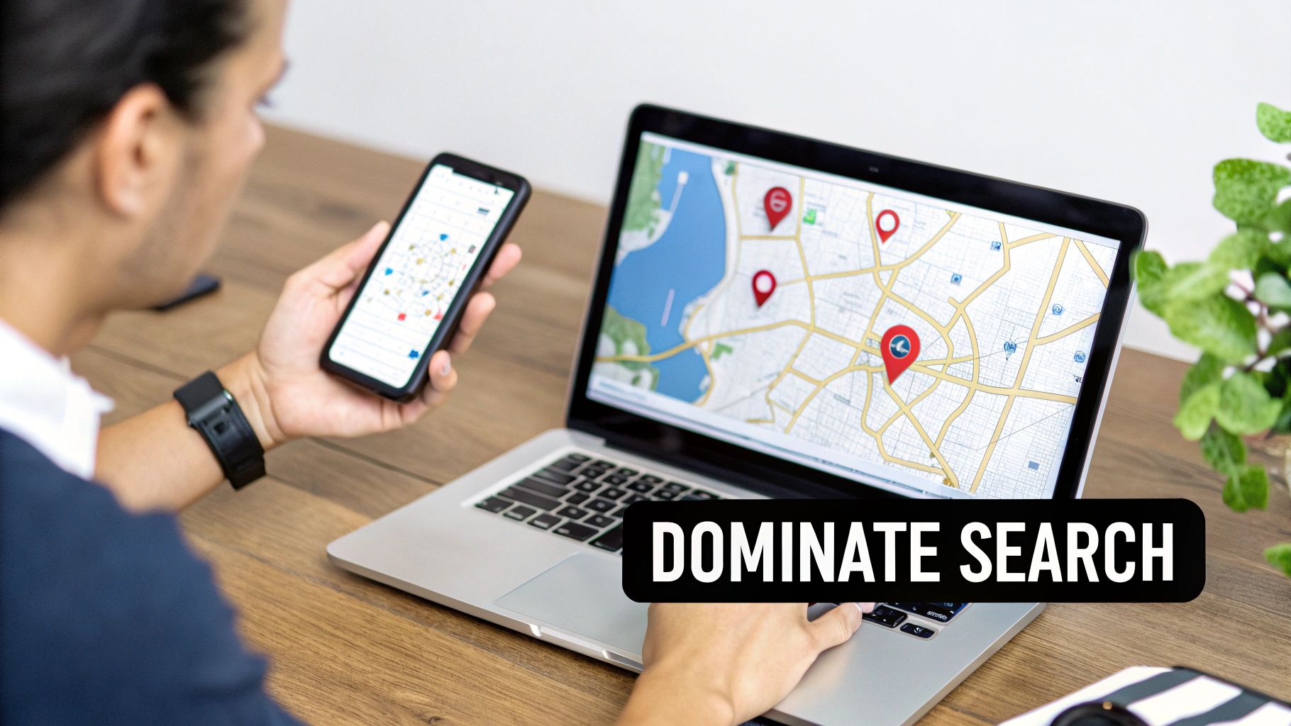 Person views a map with location pins on a smartphone and laptop, signifying online local search dominance.