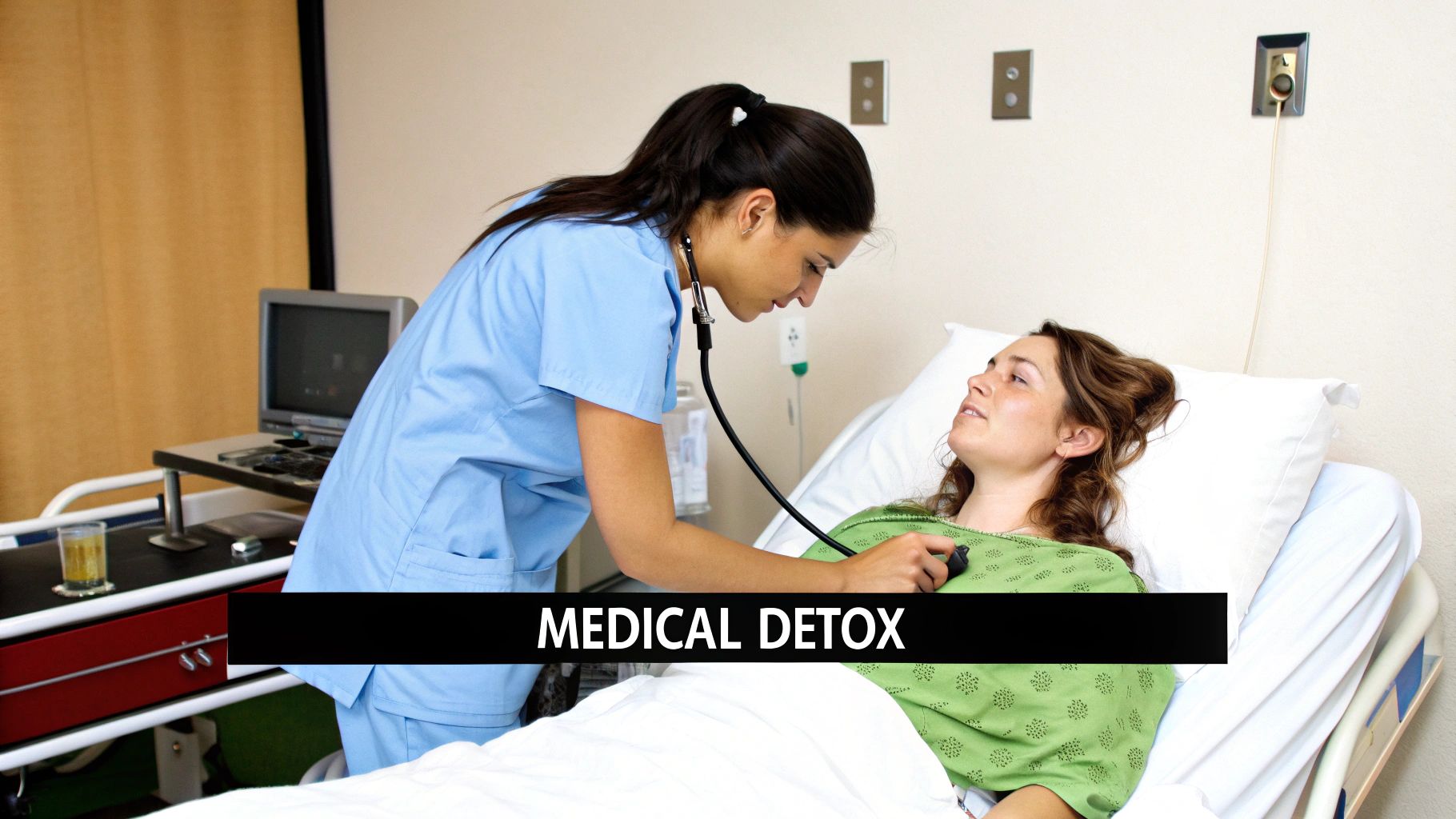 A nurse in blue scrubs uses a stethoscope to examine a female patient in a hospital bed.