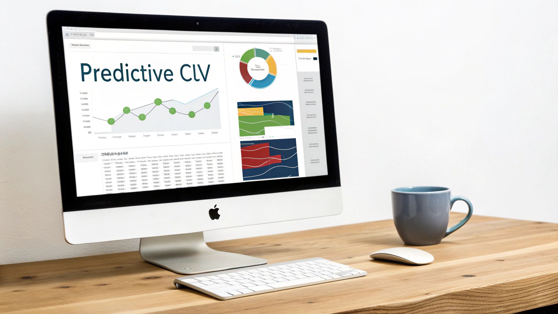 A desktop computer displaying a 'Predictive CLV' dashboard with graphs and data, on a wooden desk.