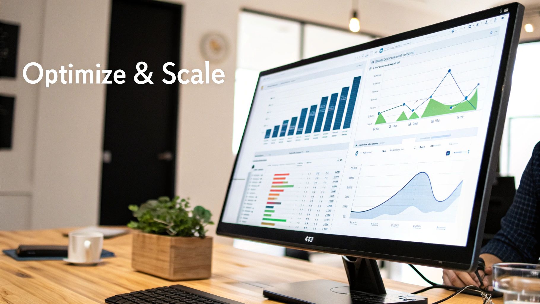 A desktop monitor displays various business analytics charts, illustrating optimization and scaling strategies.