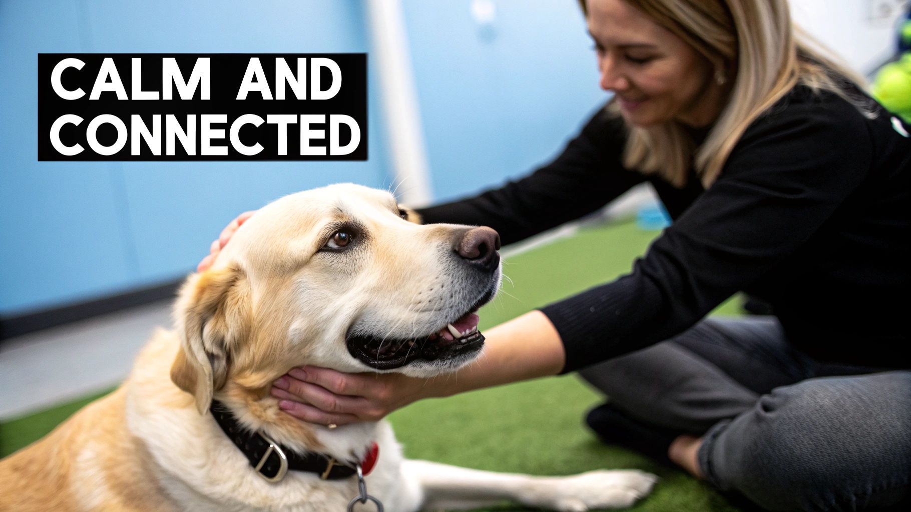 A woman gently pets a calm golden retriever dog, fostering connection during animal-assisted therapy.