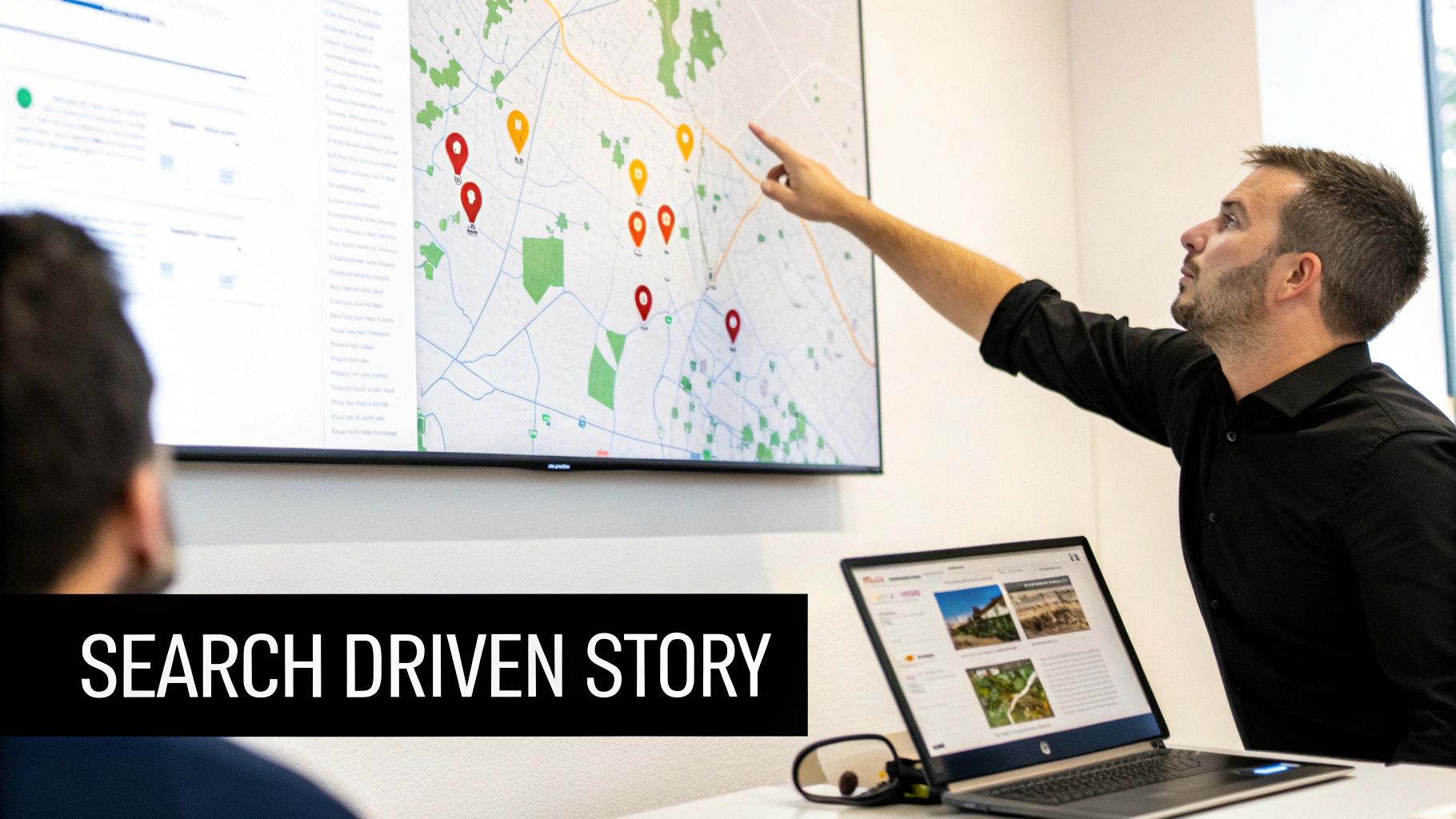 A man points at a large screen displaying a map with location data, watched by a colleague.