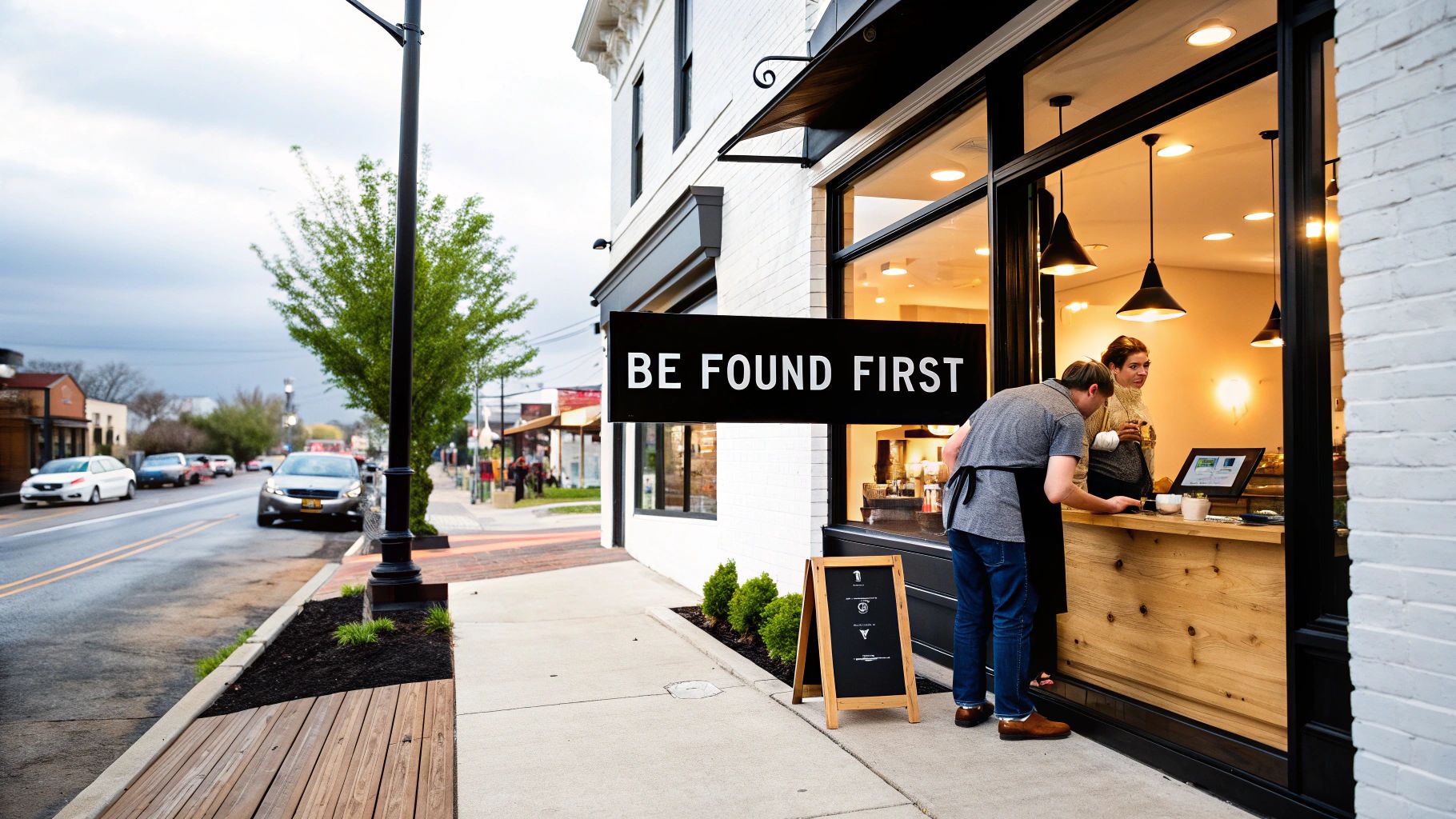 A storefront with a 'BE FOUND FIRST' sign, people inside, and a street with cars.