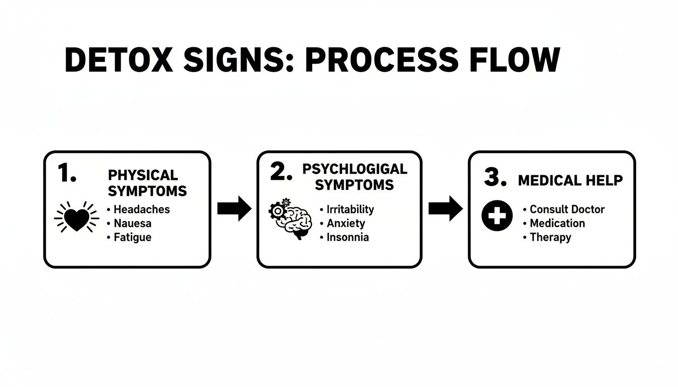 A process flow chart outlining detox signs, progressing from physical and psychological symptoms to medical help.