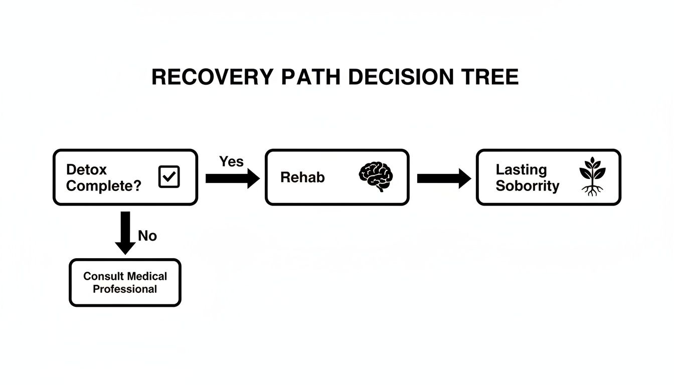 A recovery path decision tree flowchart illustrating the steps from detox to rehab and lasting sobriety.