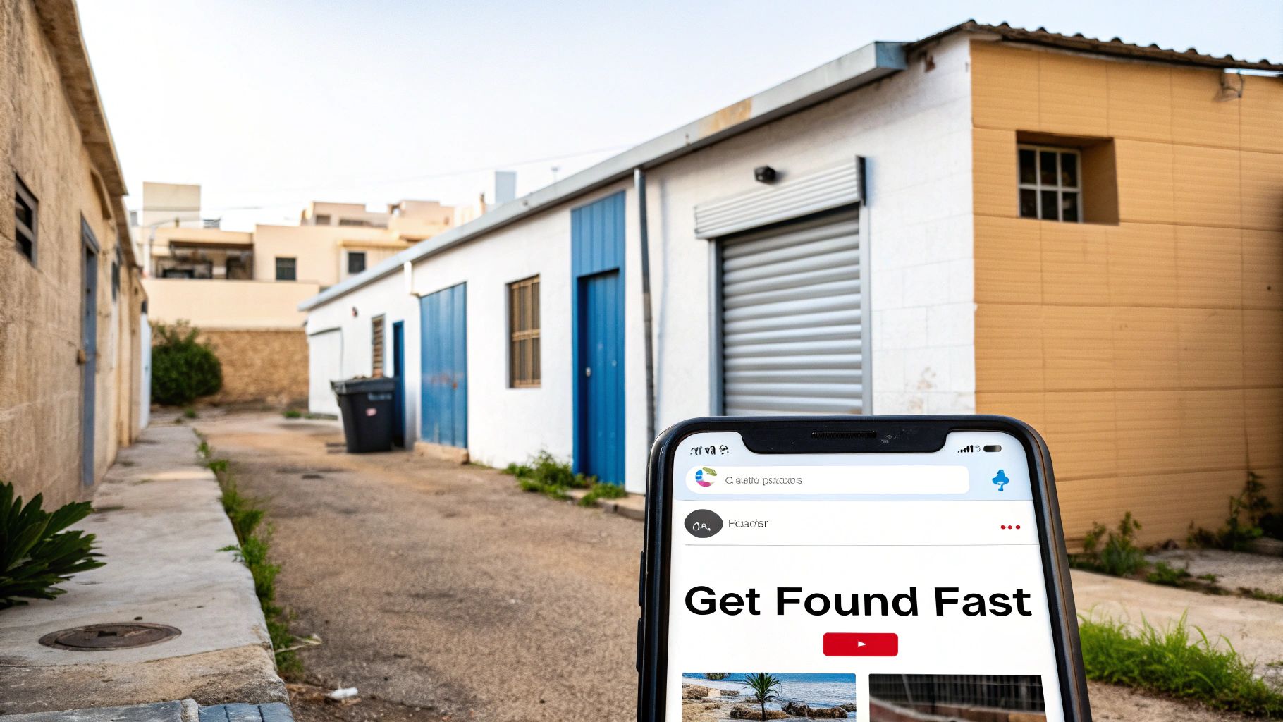 Smartphone showing 'Get Found Fast' website in a rustic alleyway with old buildings.