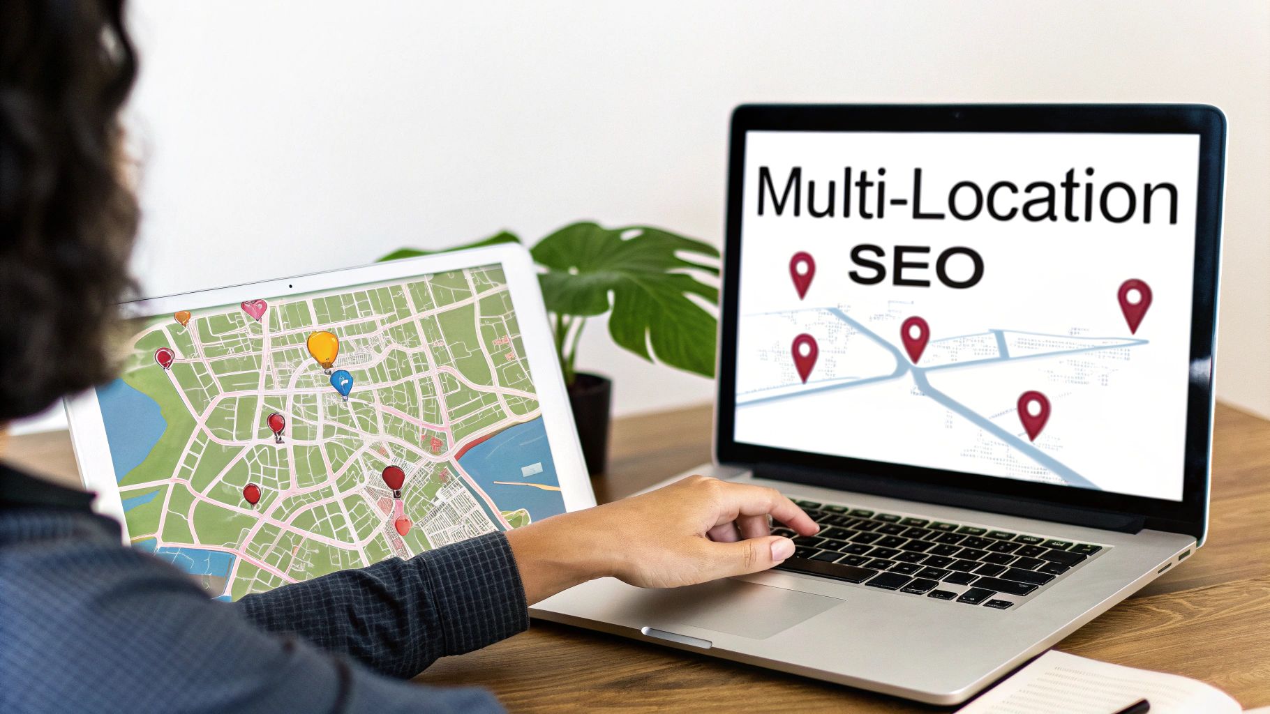 Person managing multi-location SEO, viewing maps with location pins on a laptop and tablet.