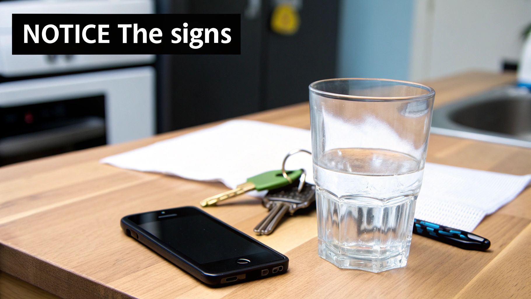 A glass of water, smartphone, keys, and a pen on a wooden kitchen counter with text "NOTICE The signs".