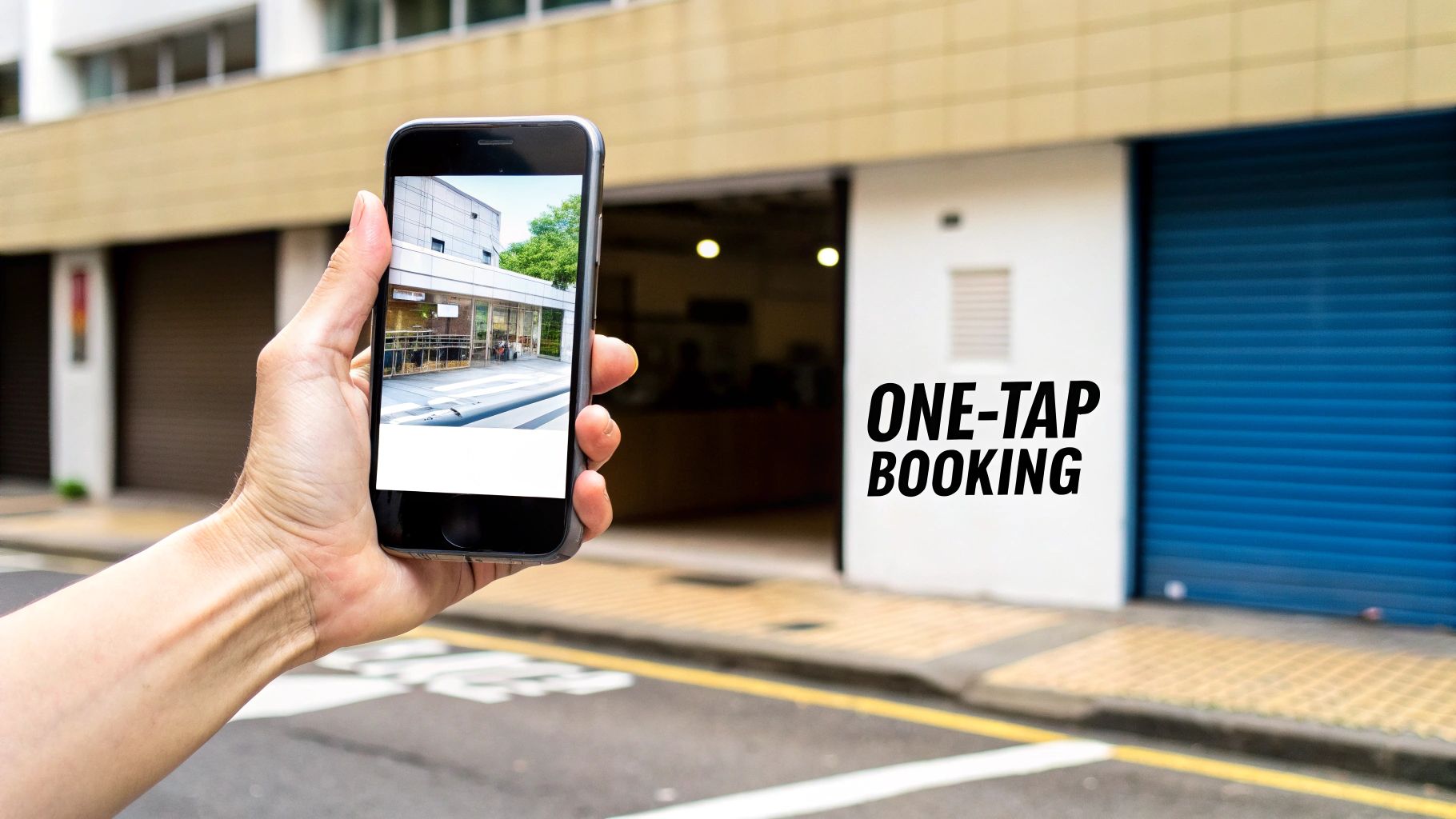 Hand holding a smartphone displaying a modern building, with 'ONE-TAP BOOKING' text.