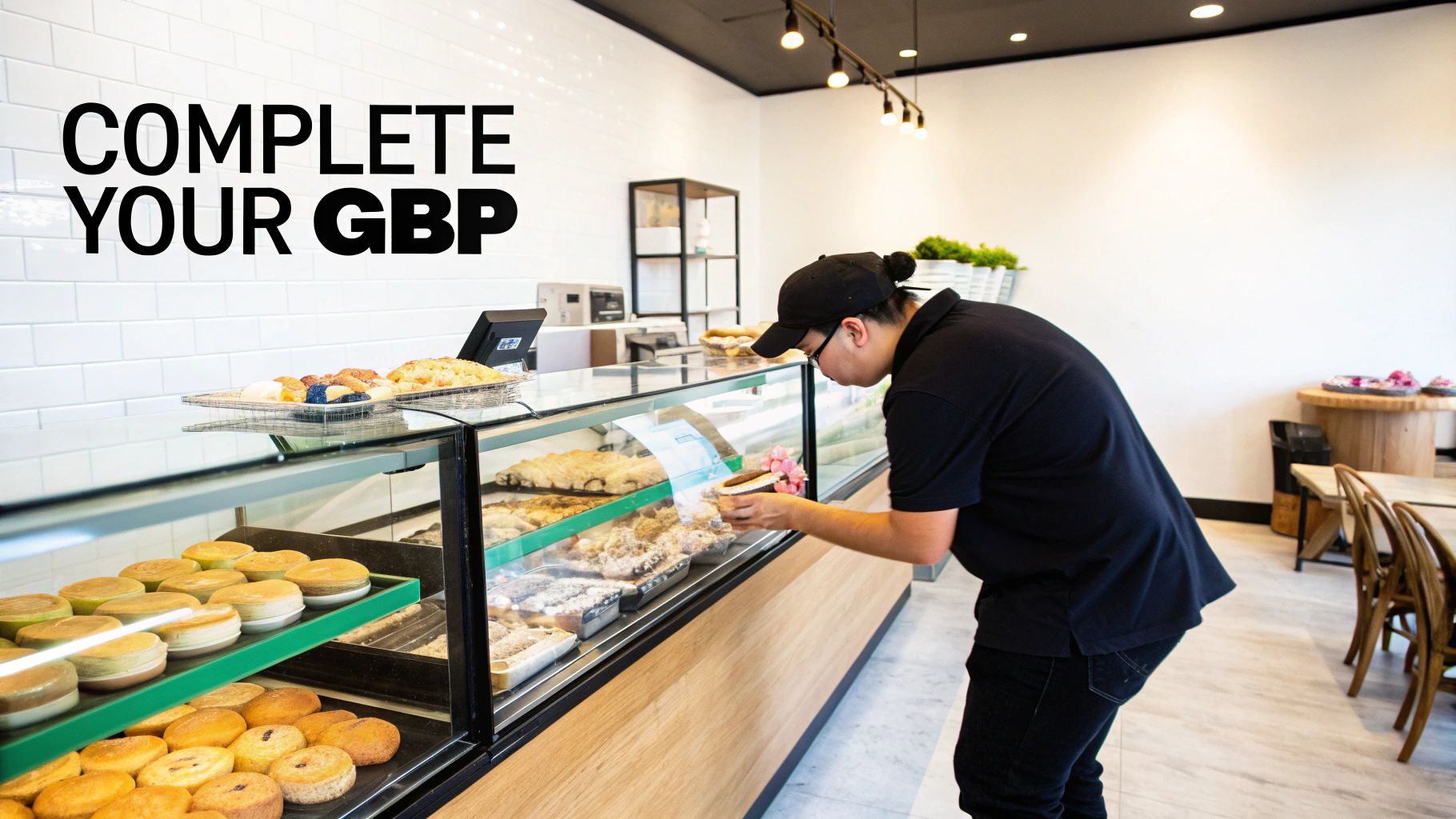 Employee stocking a glass bakery display with various pastries and baked goods.
