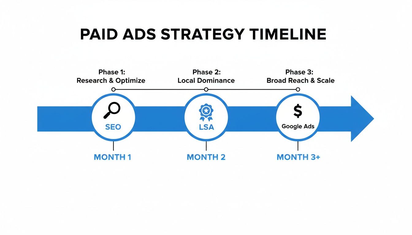 Timeline outlining a paid ads strategy across three phases: SEO, LSA, and Google Ads.