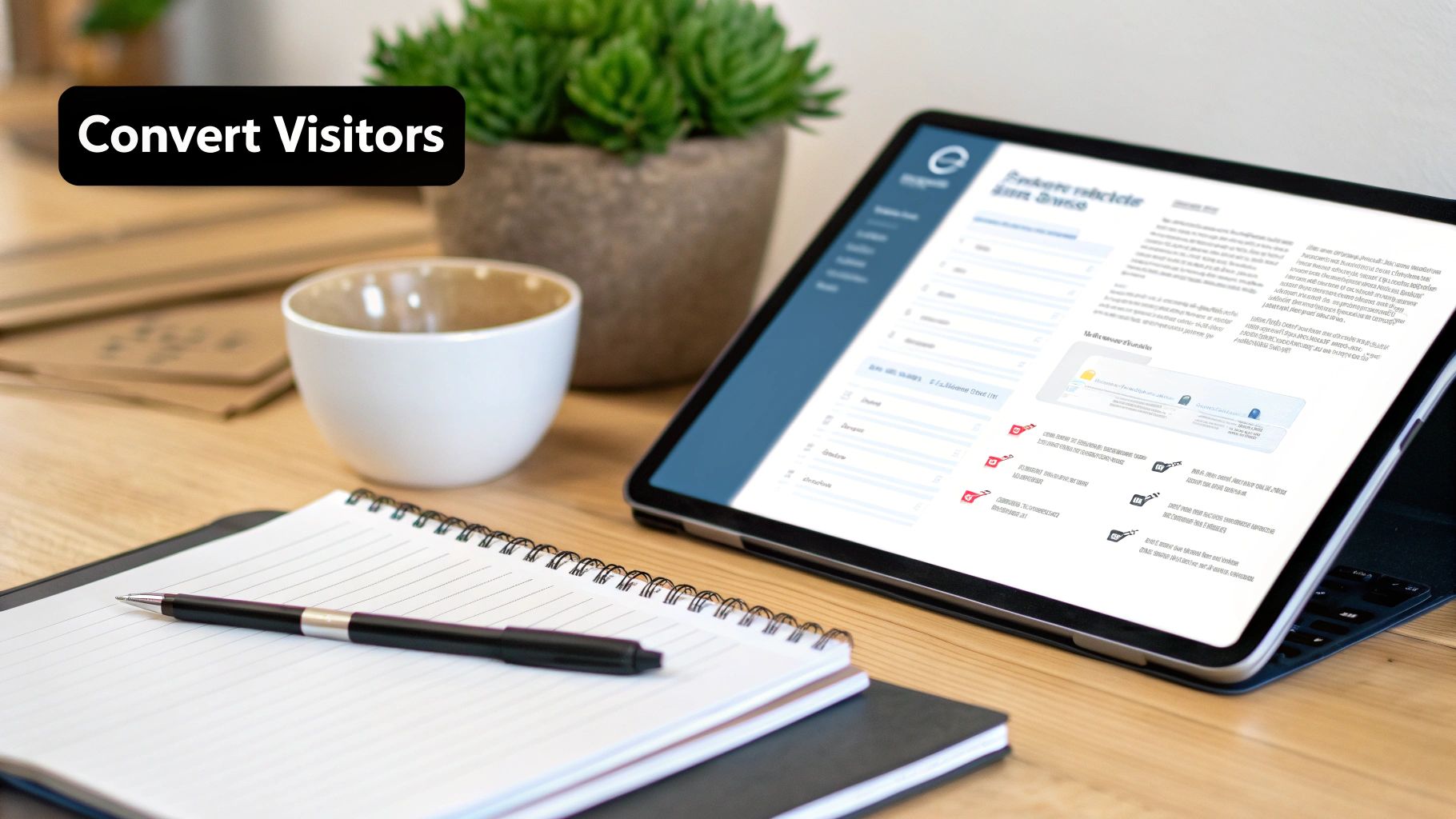 A desk setup with a tablet displaying analytics, a notebook, and a cup, featuring 'Convert Visitors' text overlay.