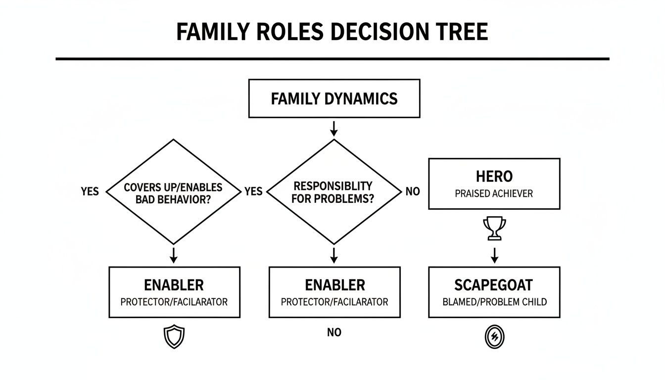 A family roles decision tree flowchart showing Enabler, Hero, and Scapegoat roles based on family dynamics.