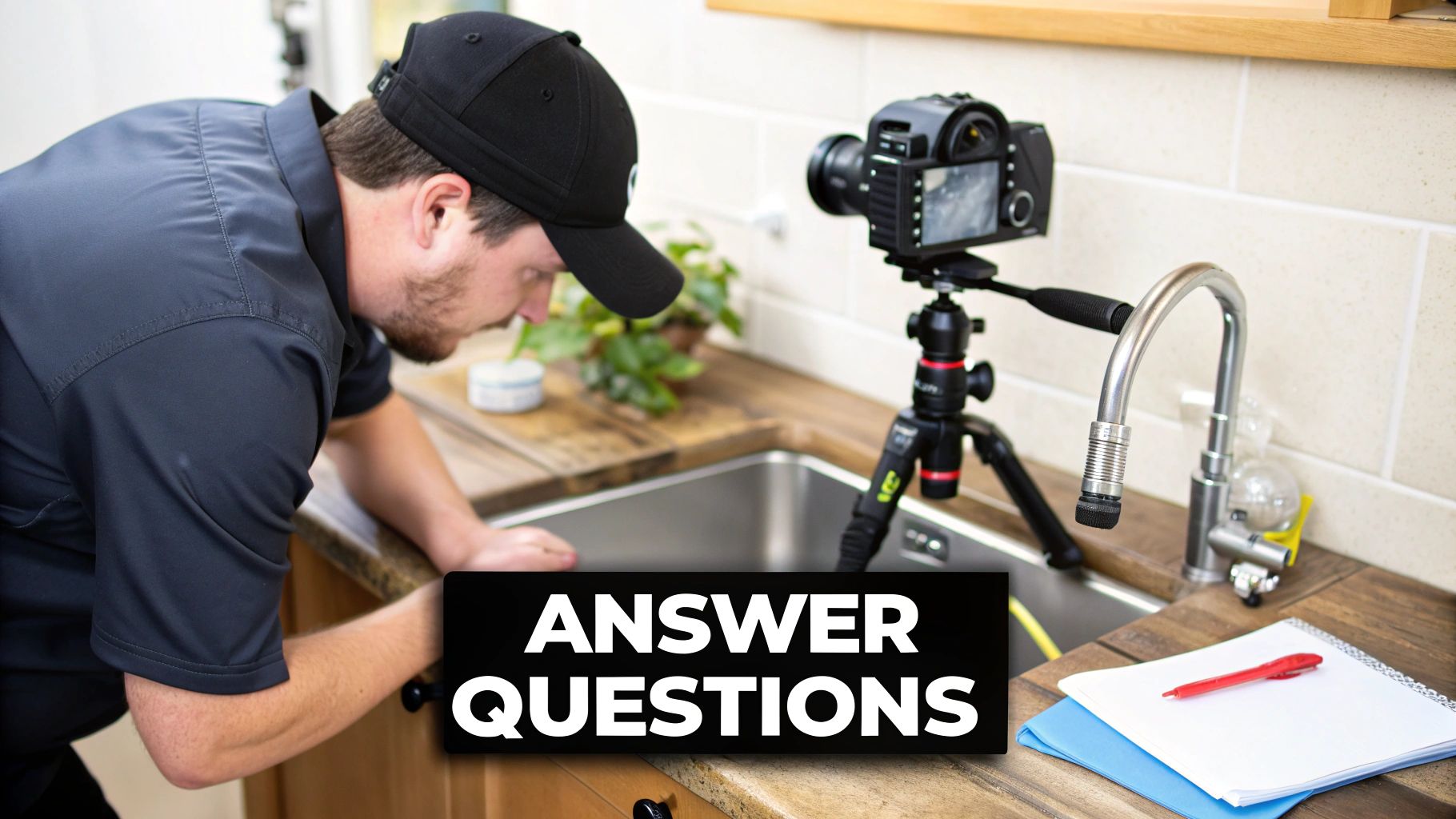 A man in a black shirt leans over a kitchen sink, being filmed by a camera on a tripod.