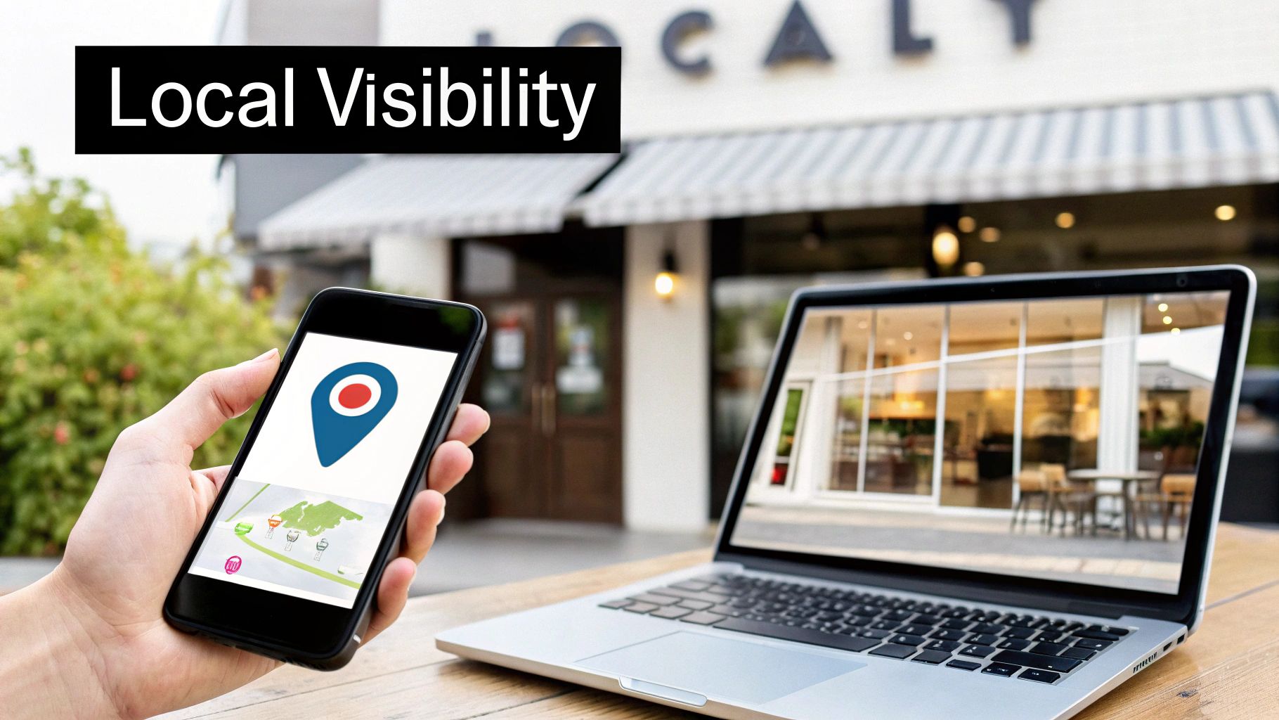 Hand holding smartphone with map and location pin icon, next to a laptop displaying a business interior, illustrating local visibility.