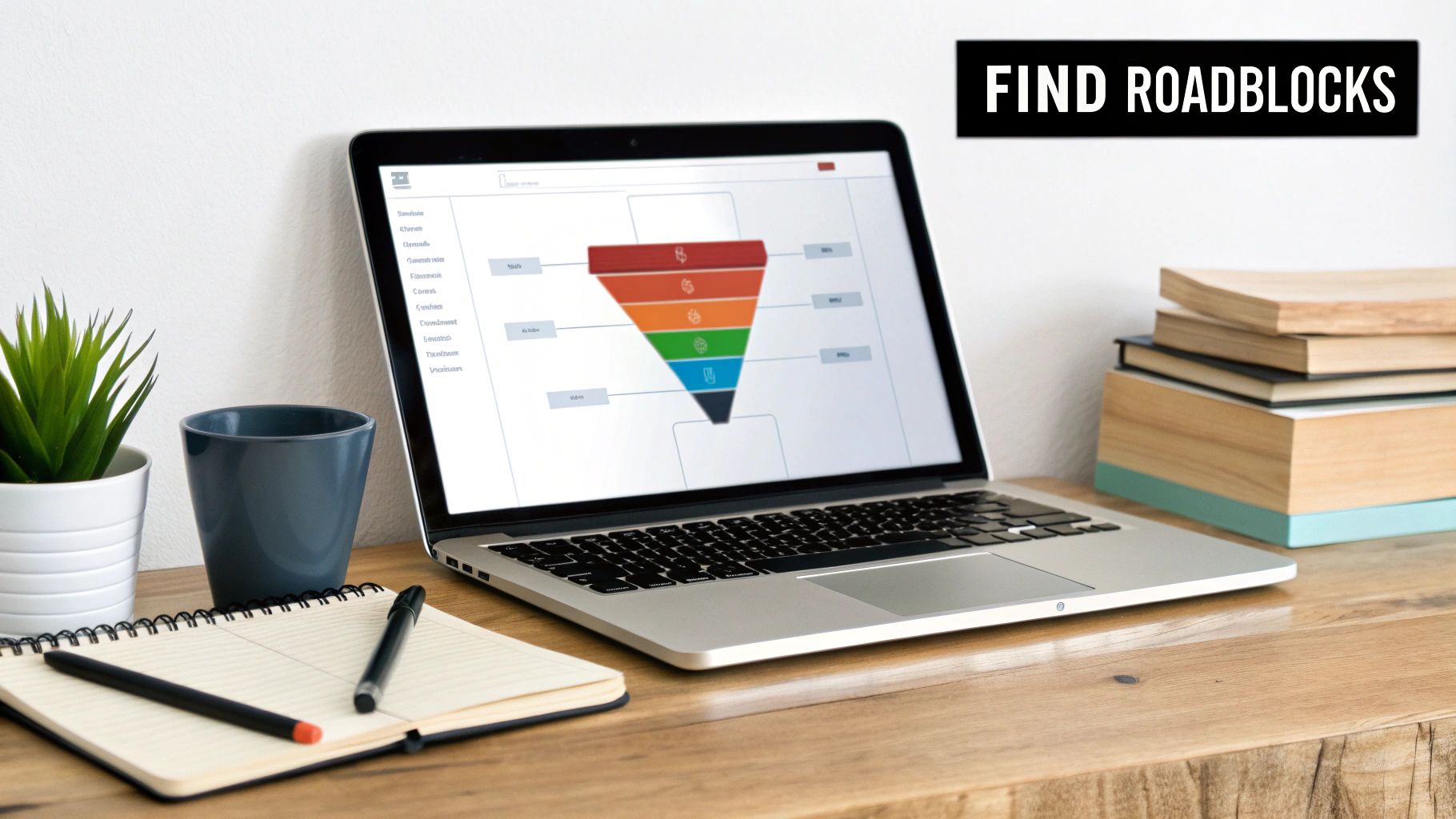 Laptop on a wooden desk showing a sales funnel diagram and 'FIND ROADBLOCKS' text.