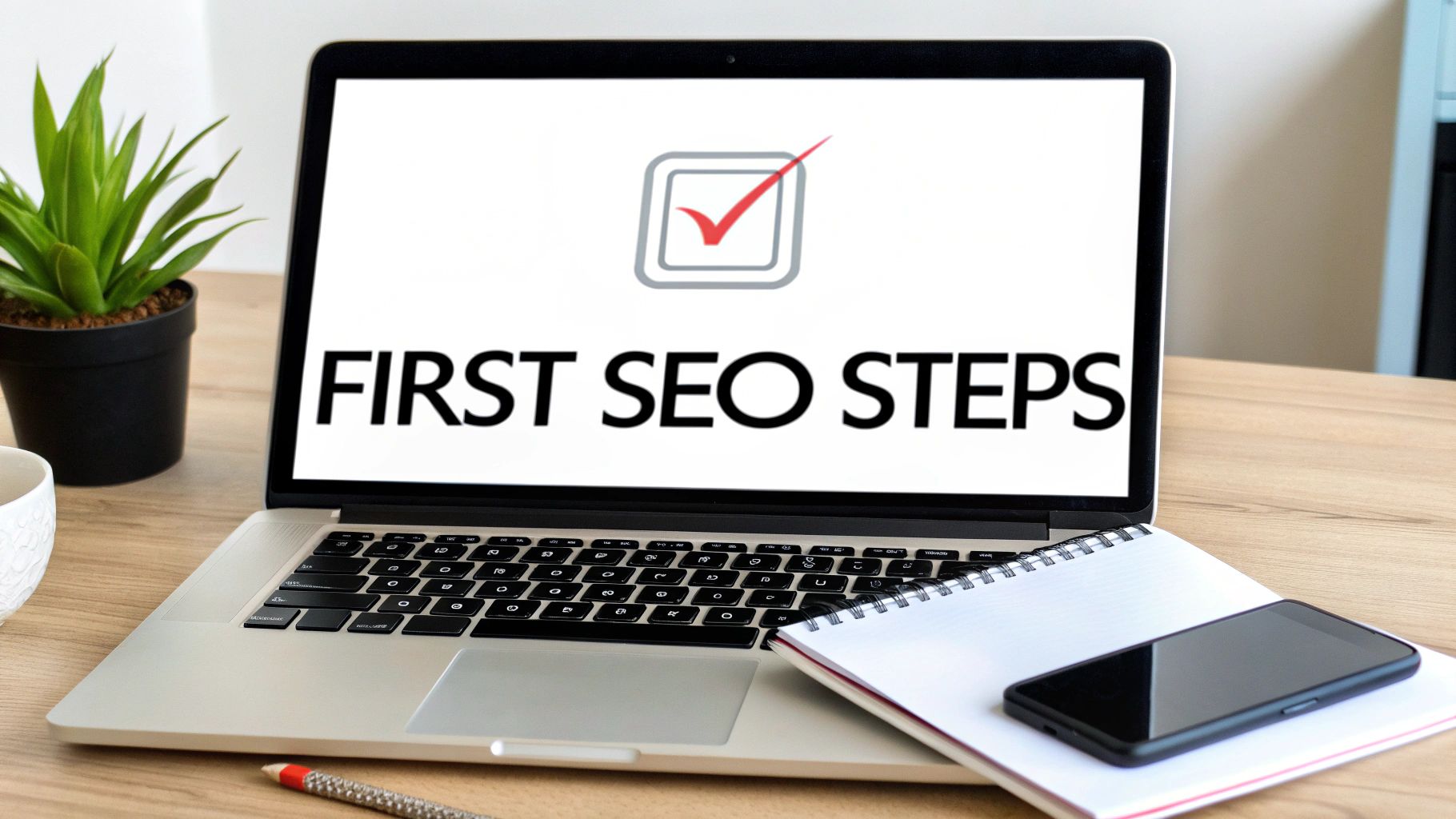 Laptop screen showing 'FIRST SEO STEPS' and a checkmark, with a plant, notebook, and smartphone on a desk.