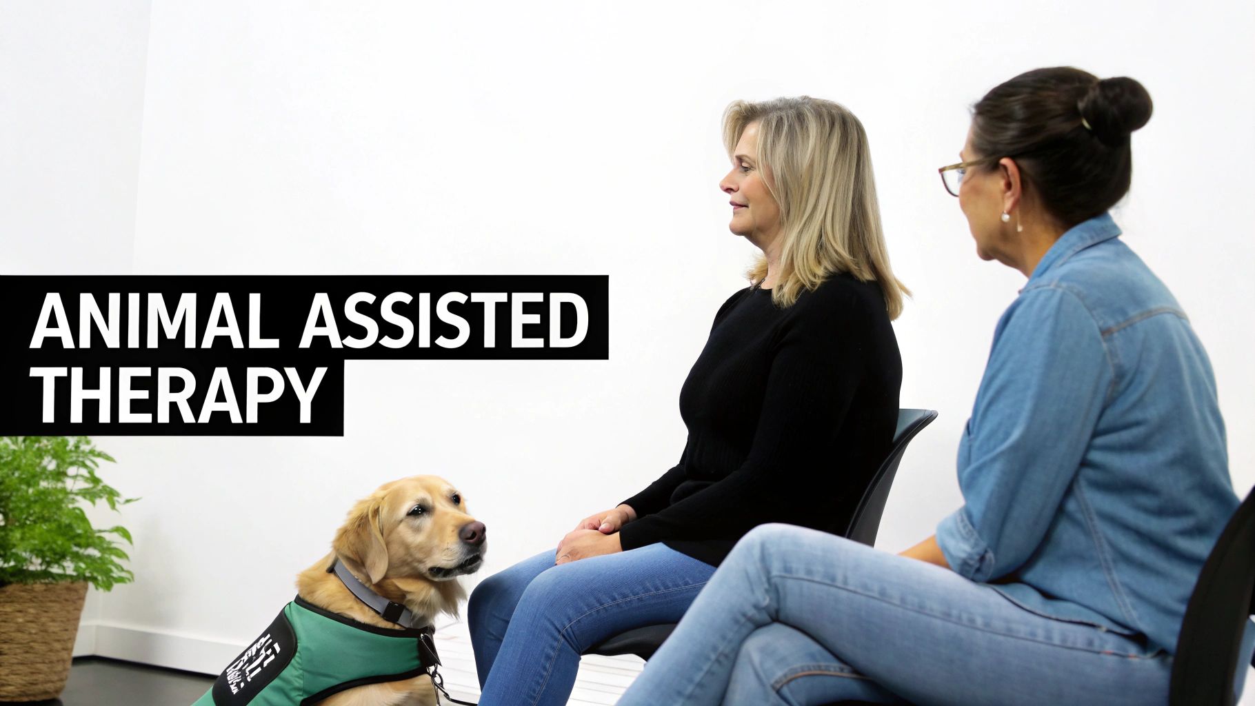 A golden retriever therapy dog sits with two women in a counseling session.