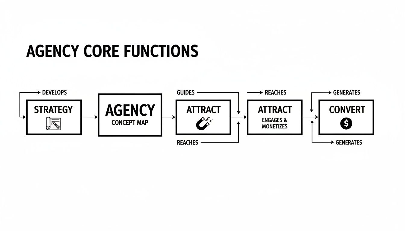 Flowchart illustrating agency core functions: strategy, concept map, attract, engage, monetize, and convert.