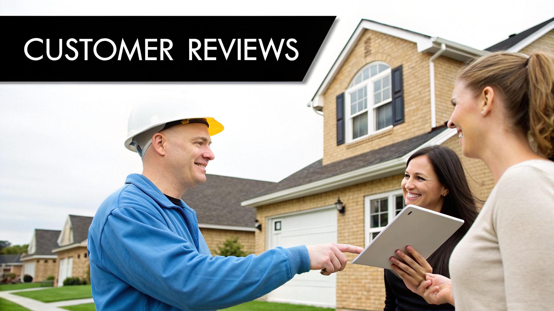 Construction worker showing customer reviews on a tablet to two smiling women outside a house.