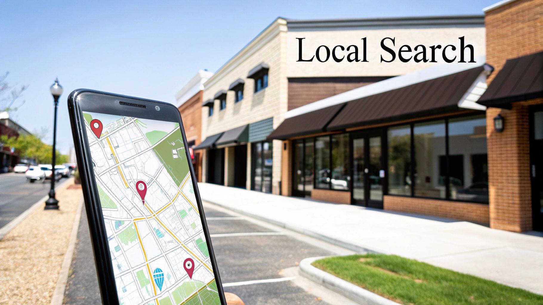 A smartphone displays a map with location pins, in front of buildings with 'Local Search' text.
