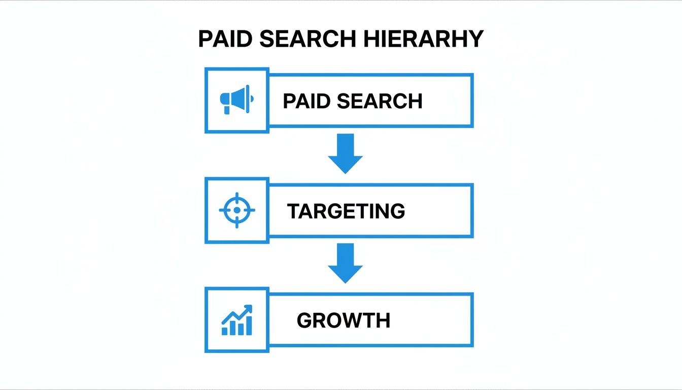 A blue and white flowchart illustrating the Paid Search Hierarchy: Paid Search, Targeting, and Growth steps.