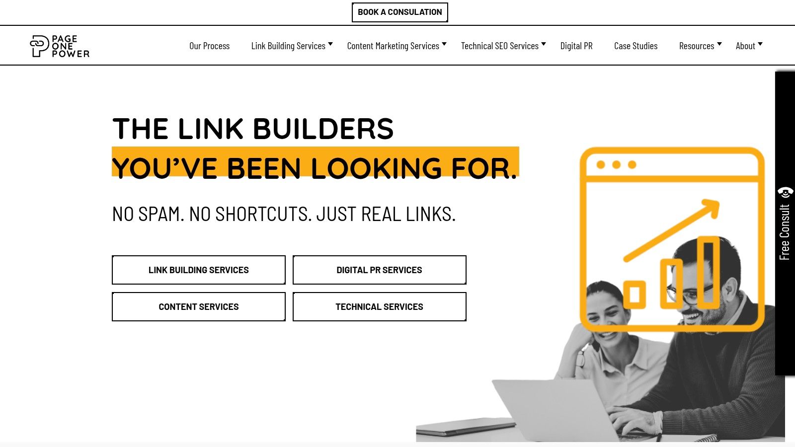 A screenshot of the Page One Power homepage, highlighting their focus on custom link building strategies.