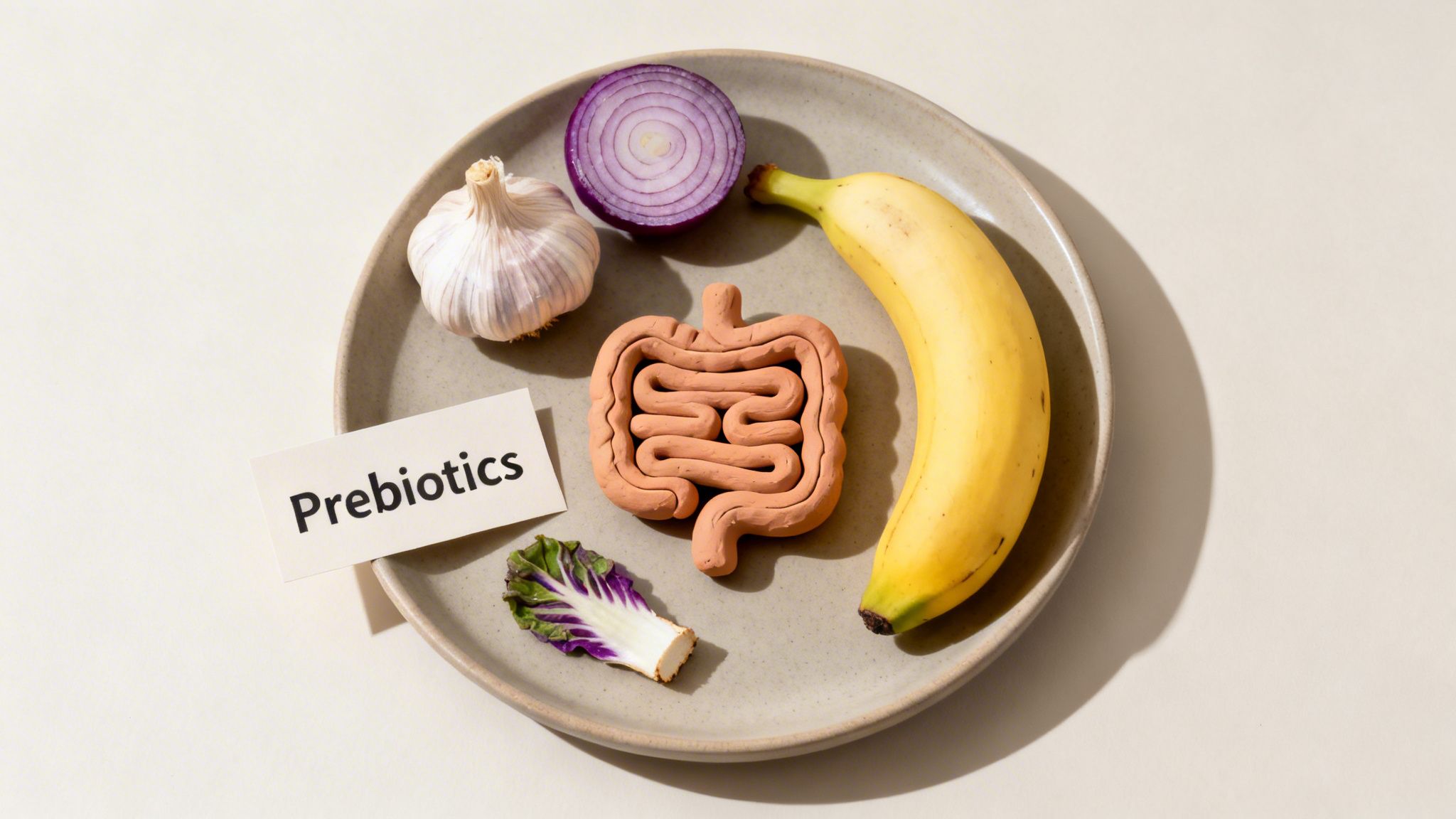 A plate featuring foods rich in prebiotics: a garlic bulb, half a red onion, a banana, and a piece of radicchio, alongside a clay model of human intestines and a card that reads 'Prebiotics'.