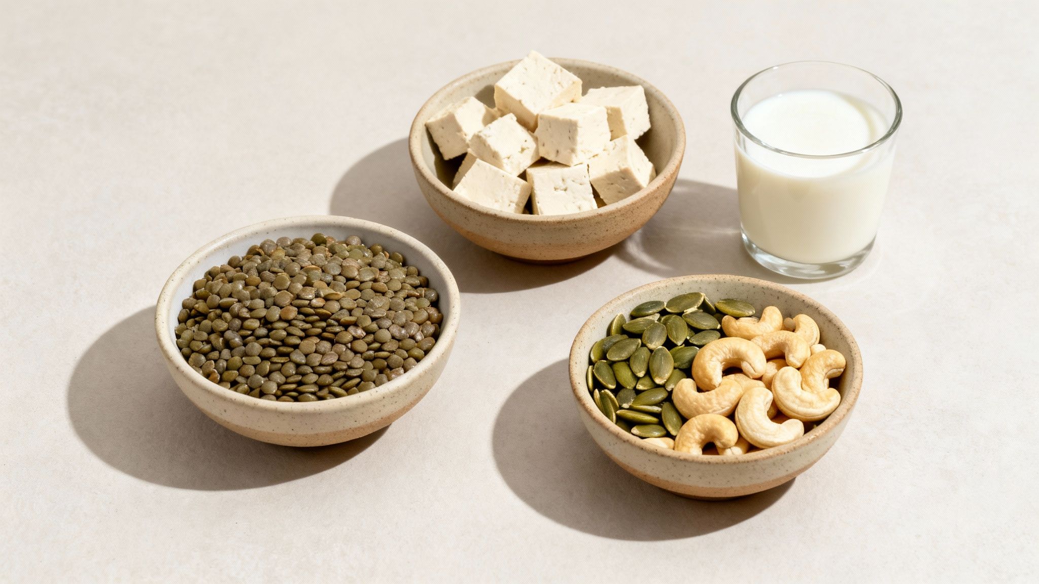 Bowls of lentils, tofu cubes, pumpkin seeds, cashews, and a glass of plant-based milk.