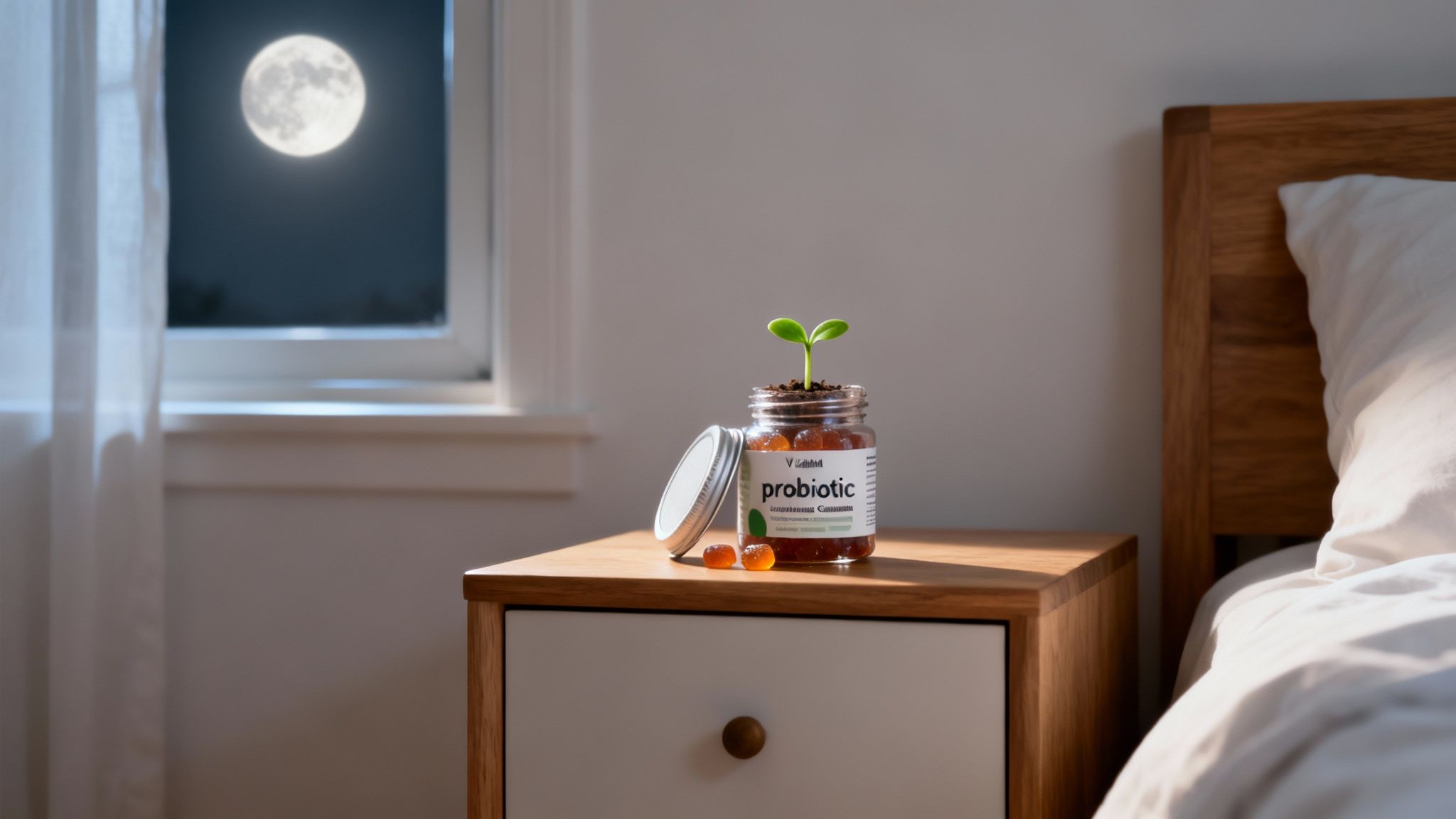 Probiotic jar with a plant on a nightstand, full moon visible through window at night.