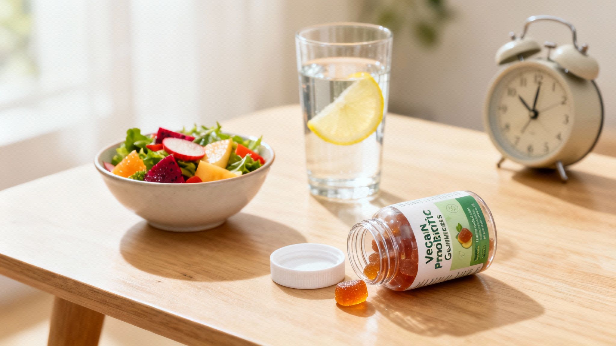 A healthy breakfast with a colorful salad, lemon water, and vegan probiotic gummies on a wooden table.