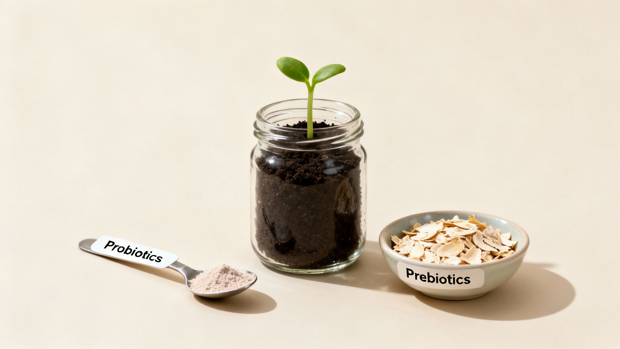 A small plant sprouts from soil in a glass jar, flanked by a spoon of probiotics and a bowl of prebiotics.
