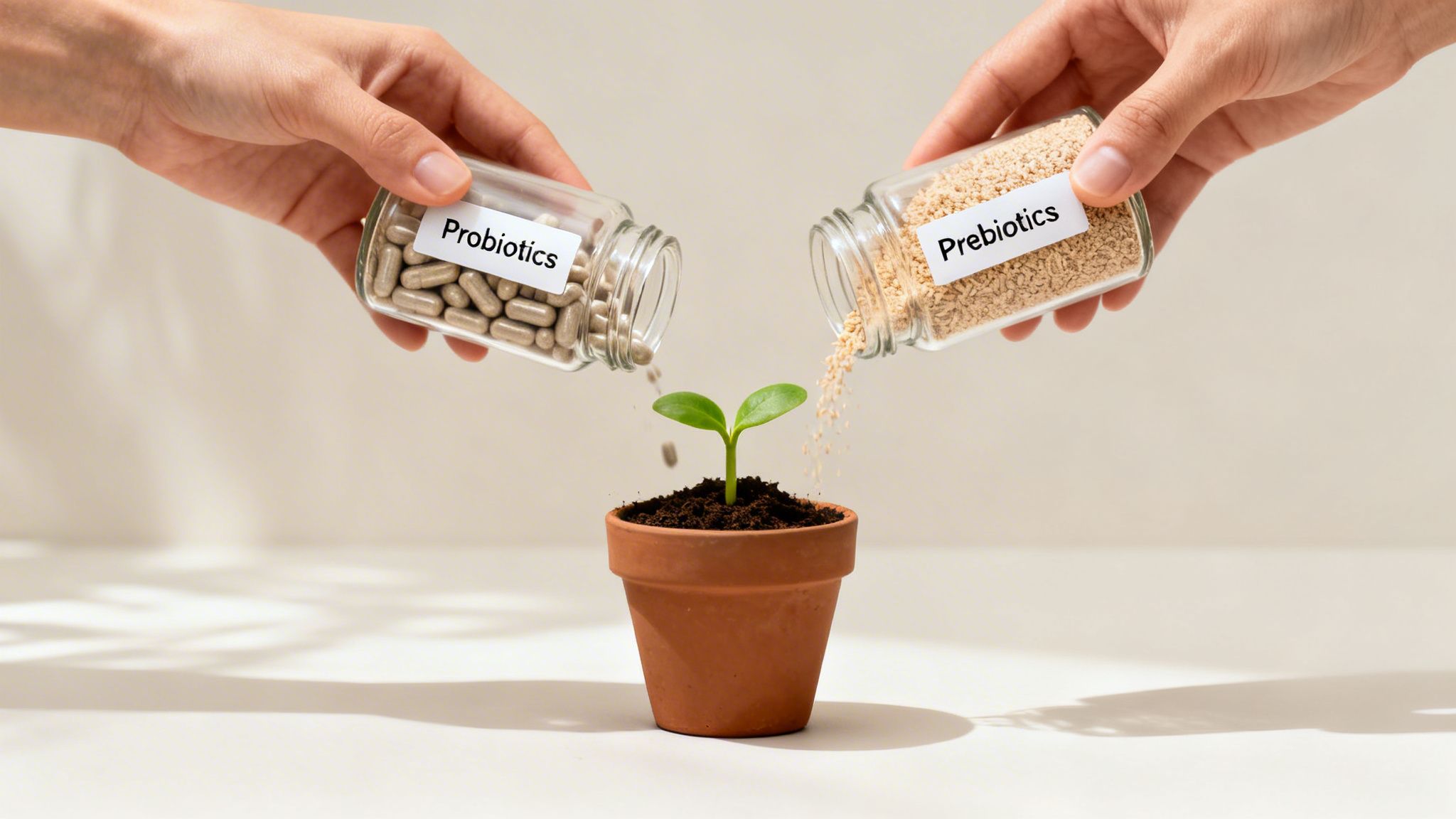 Two hands pour probiotics capsules and prebiotics powder onto a small green plant in a terracotta pot.
