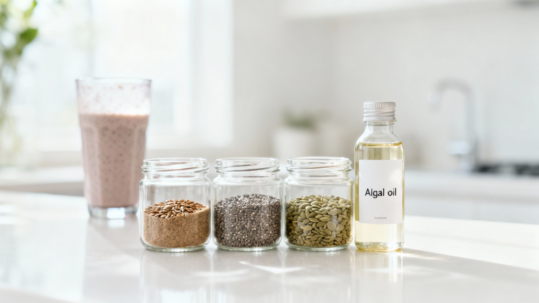 Plant-based omega supplements including chia seeds, flax seeds, pumpkin seeds, and algal oil bottle on counter