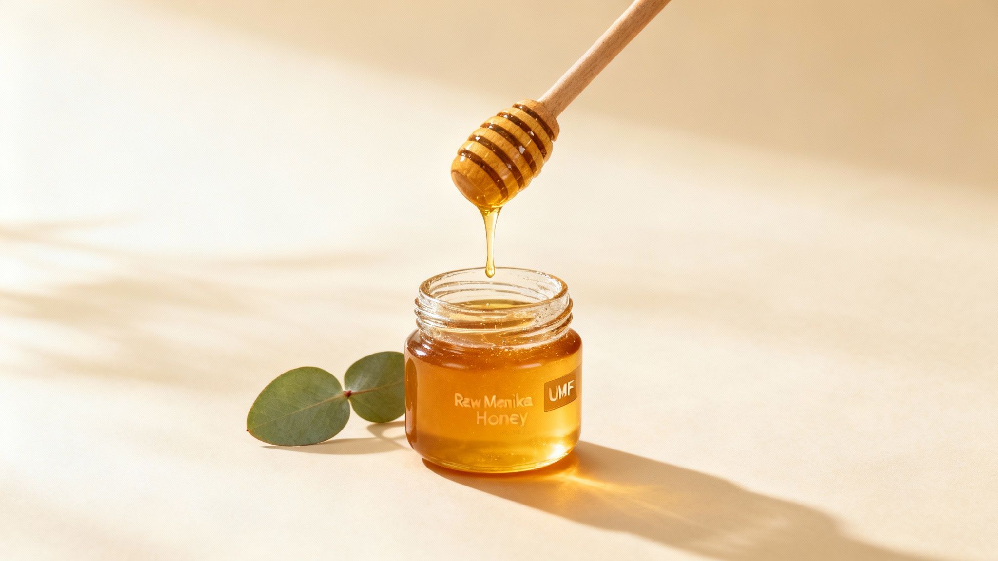 A wooden honey dipper drips golden raw Manuka honey into a small glass jar with green leaves.