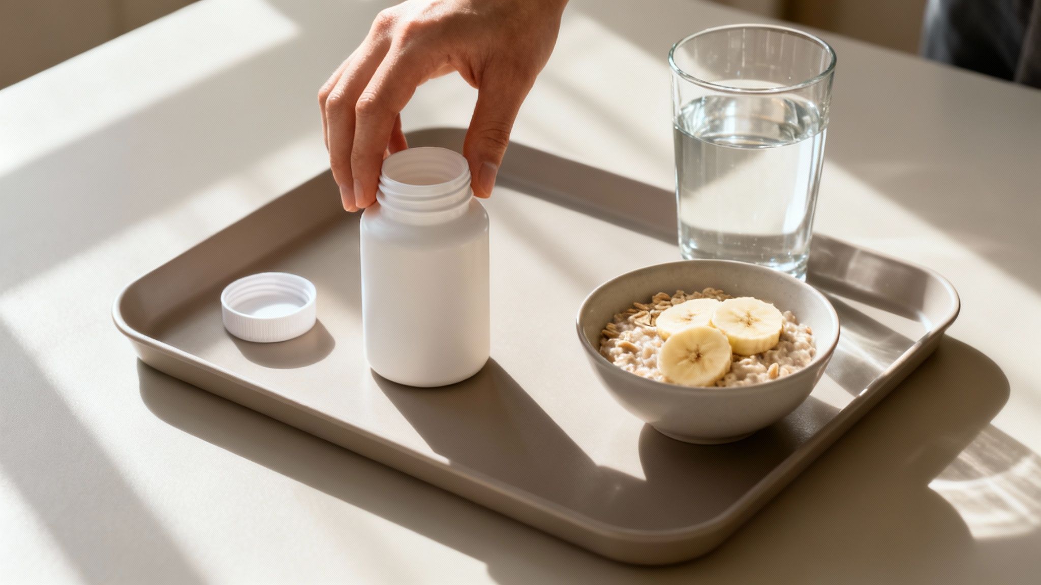 A hand opens a white pill bottle next to a bowl of oatmeal with banana and a glass of water on a tray.