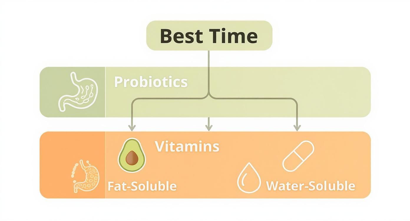 Infographic showing the best time to take probiotics, fat-soluble vitamins, and water-soluble vitamins.