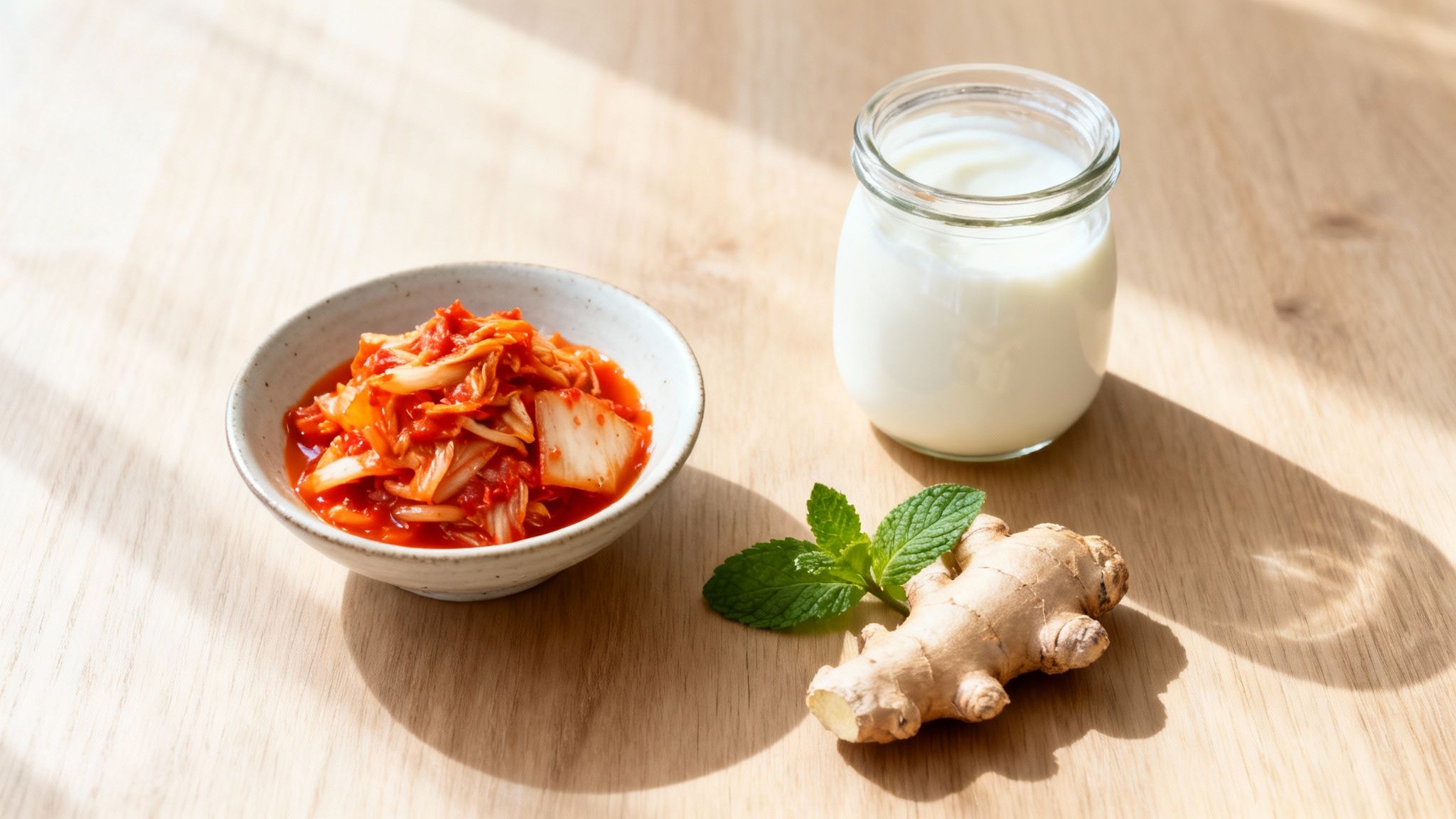 A colorful bowl of gut-friendly foods including fruits, vegetables, and fermented items.