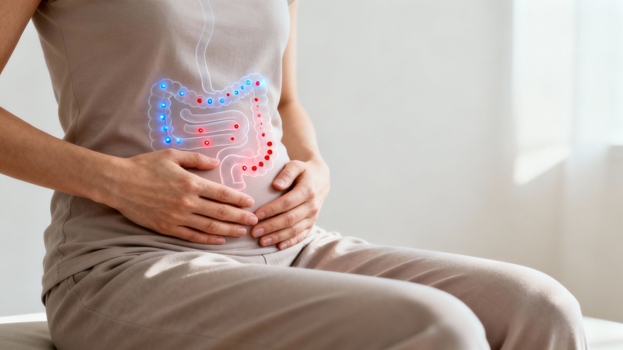 Woman holding her stomach with a glowing digestive system overlay, indicating gastrointestinal discomfort.