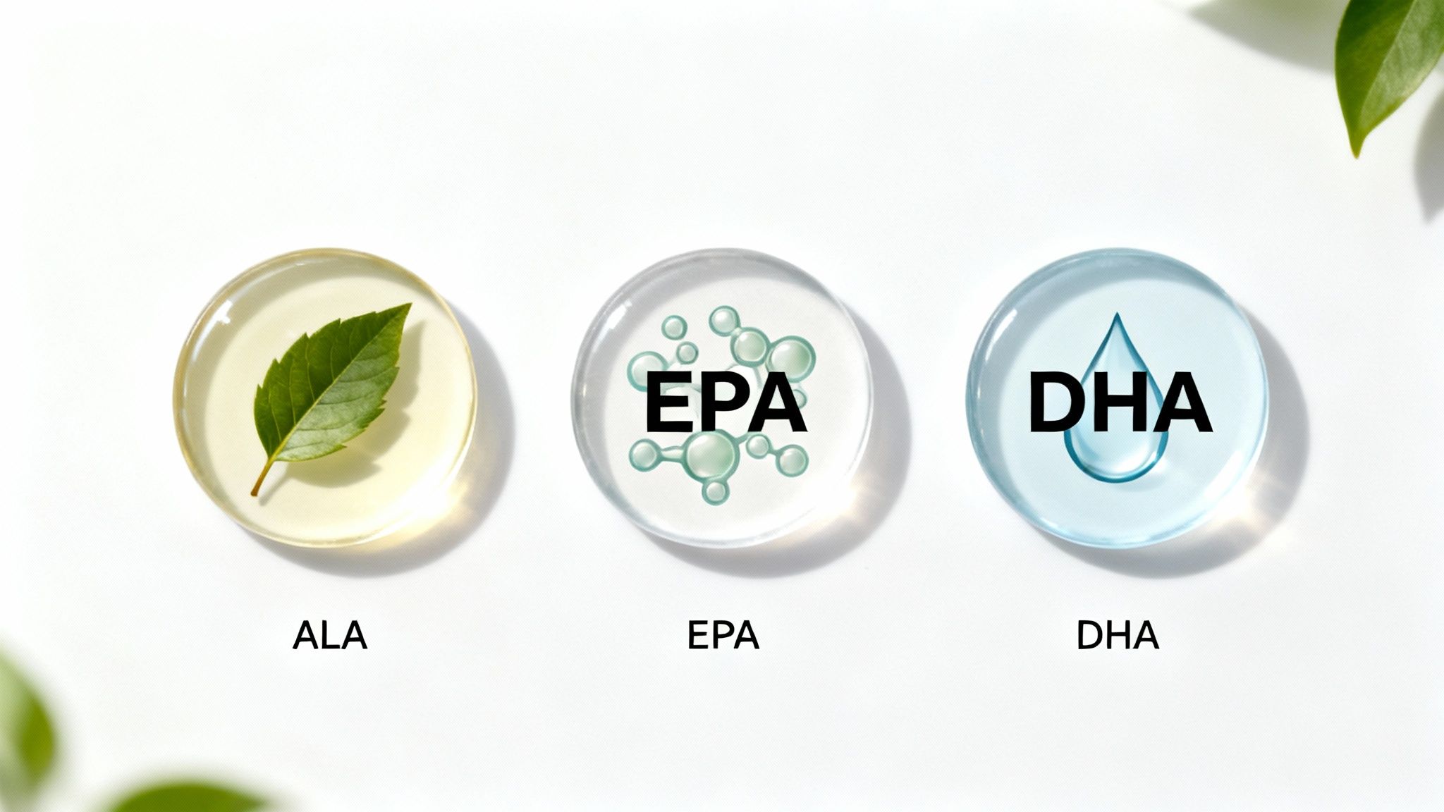 A diagram showing the three types of omega-3s: ALA from plants, and EPA/DHA from algae.