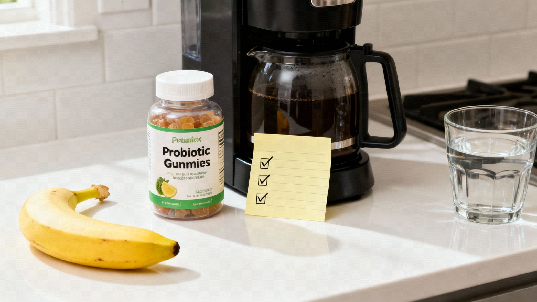 A person looking thoughtfully at a bottle of Yuve probiotics, with a blurred background of a kitchen.