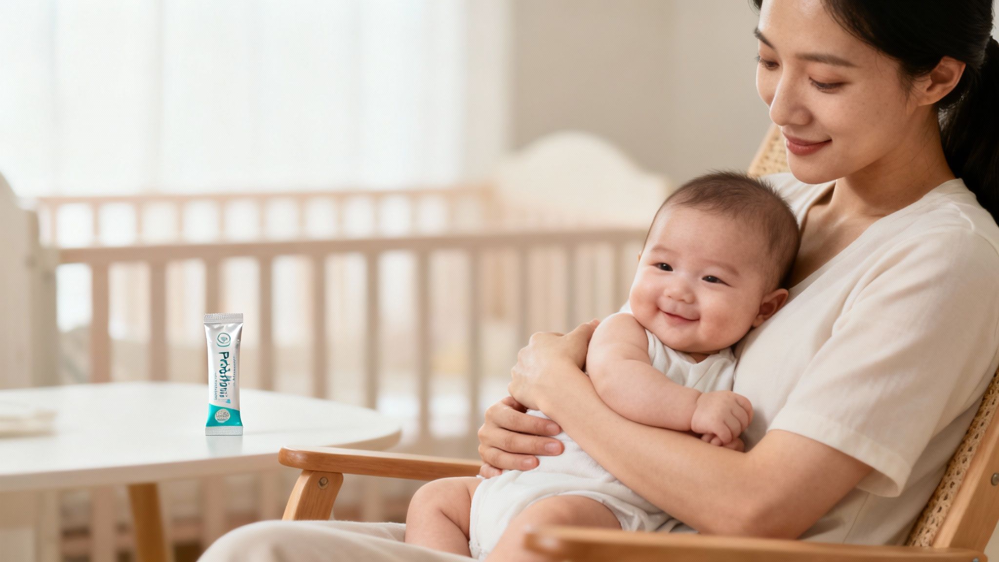 Smiling mother holding her happy baby, with a powdered probiotic packet on a table in a nursery.