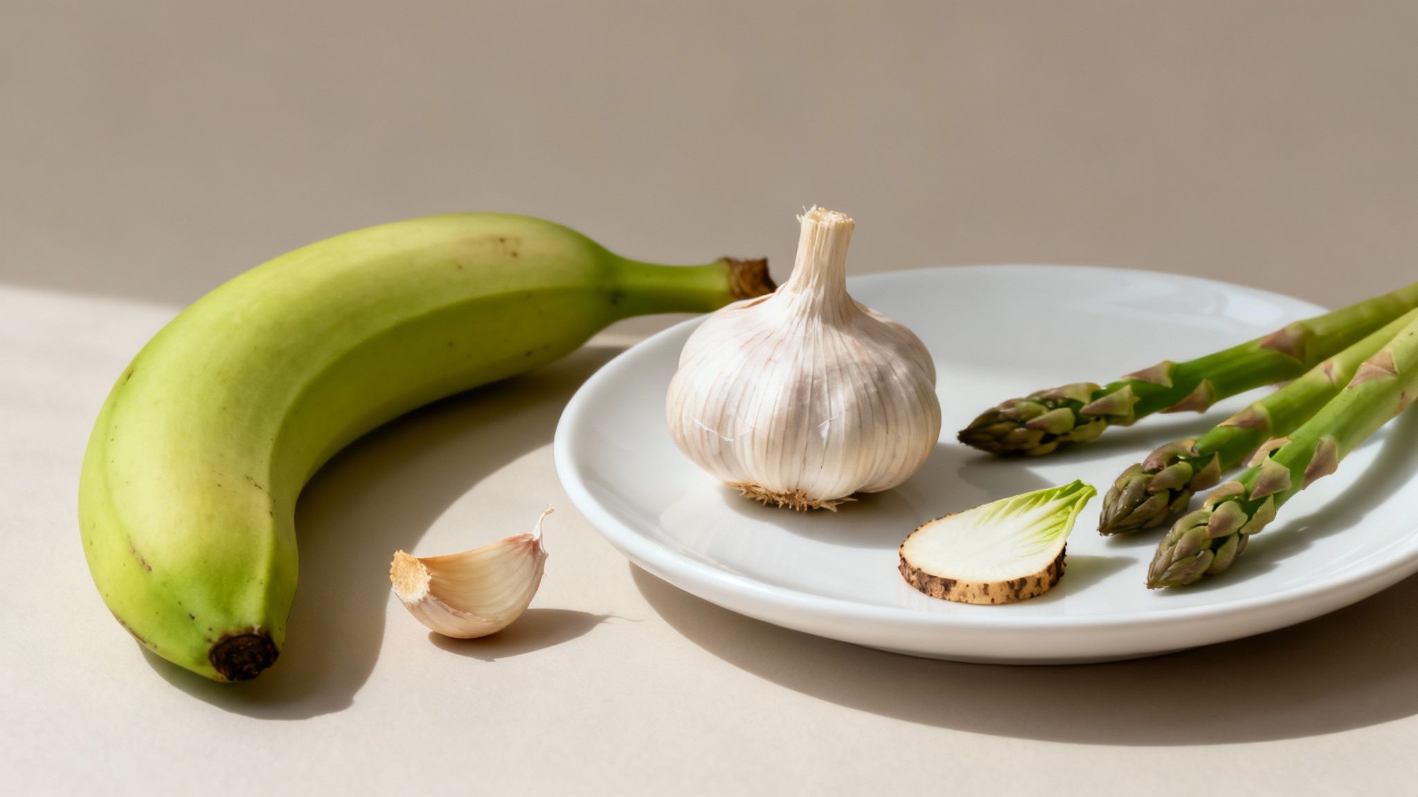 A beautiful flat lay of prebiotic-rich foods like garlic, onions, asparagus, and chicory root.