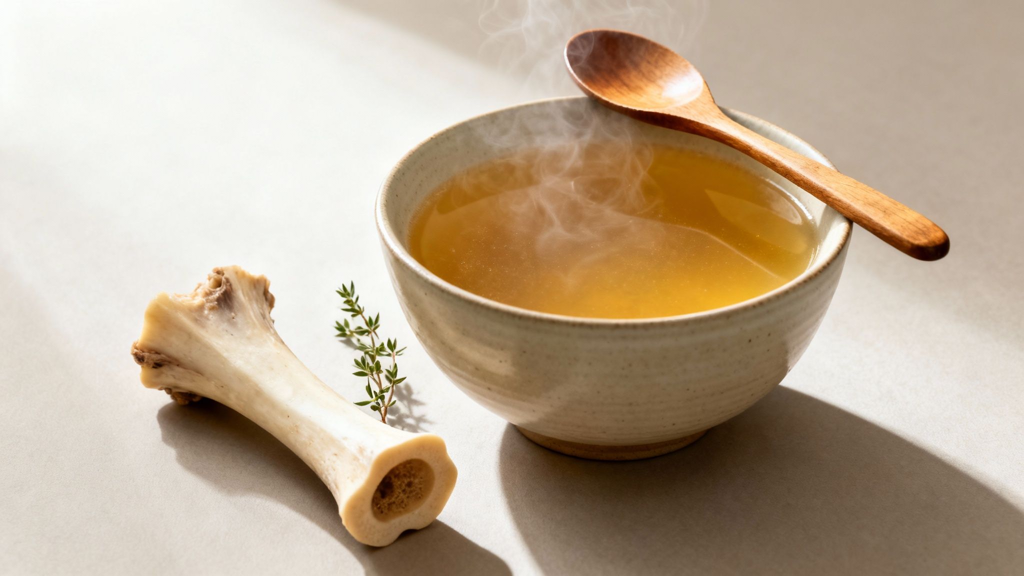 A steaming bowl of bone broth with a bone and thyme sprig on a light surface.